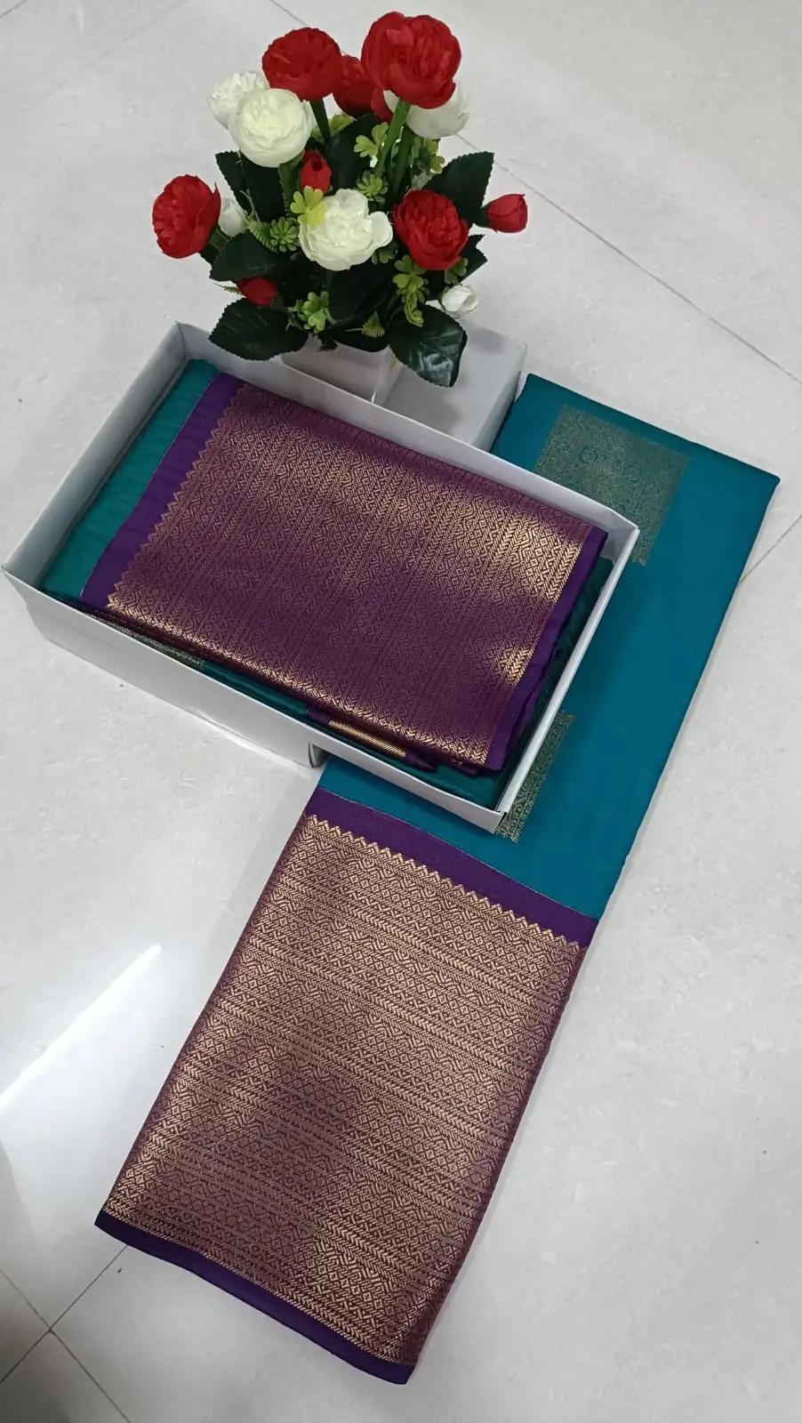 Premium Korvai Geometric Zari Border Semi-Silk